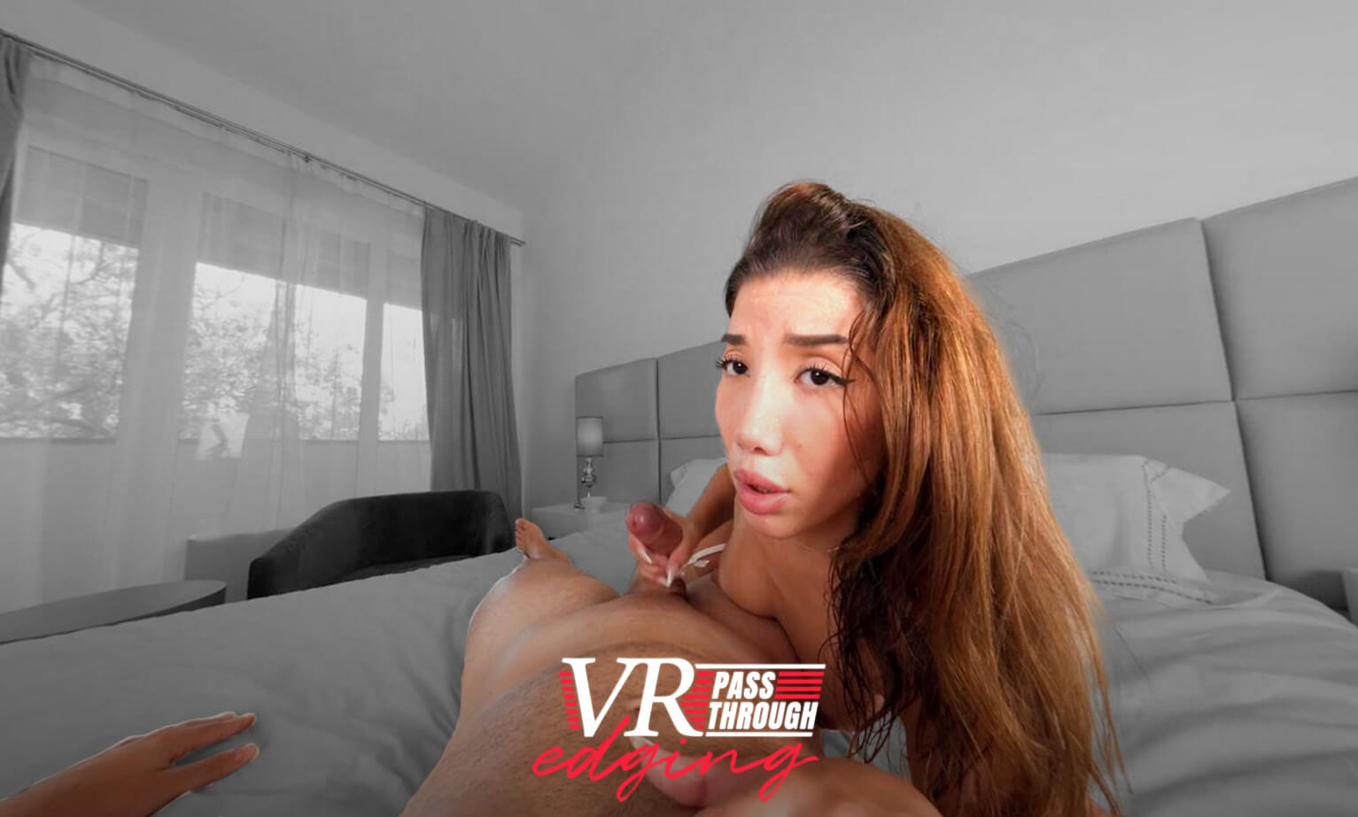 Layla Scarlett wears a garter belt while performing a POV blowjob in a VR passthrough scene involving edging and eight k resolution.